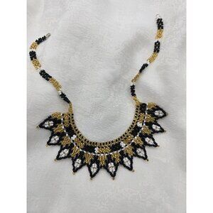 Vintage Beaded Statement Necklace Black White Gold Seed Bead Bib Style Handmade